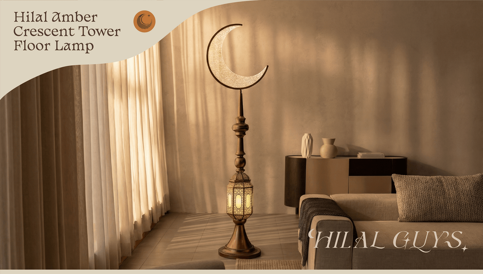 Hilal Amber Crescent Tower Floor Lamp