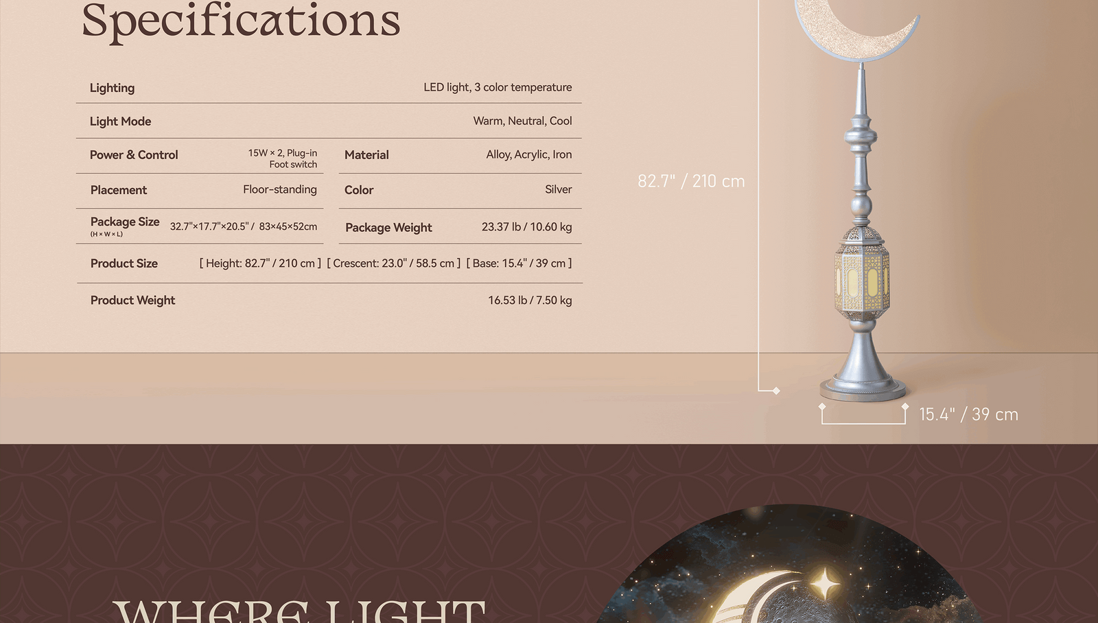 Hilal Silver Crescent Tower Floor Lamp